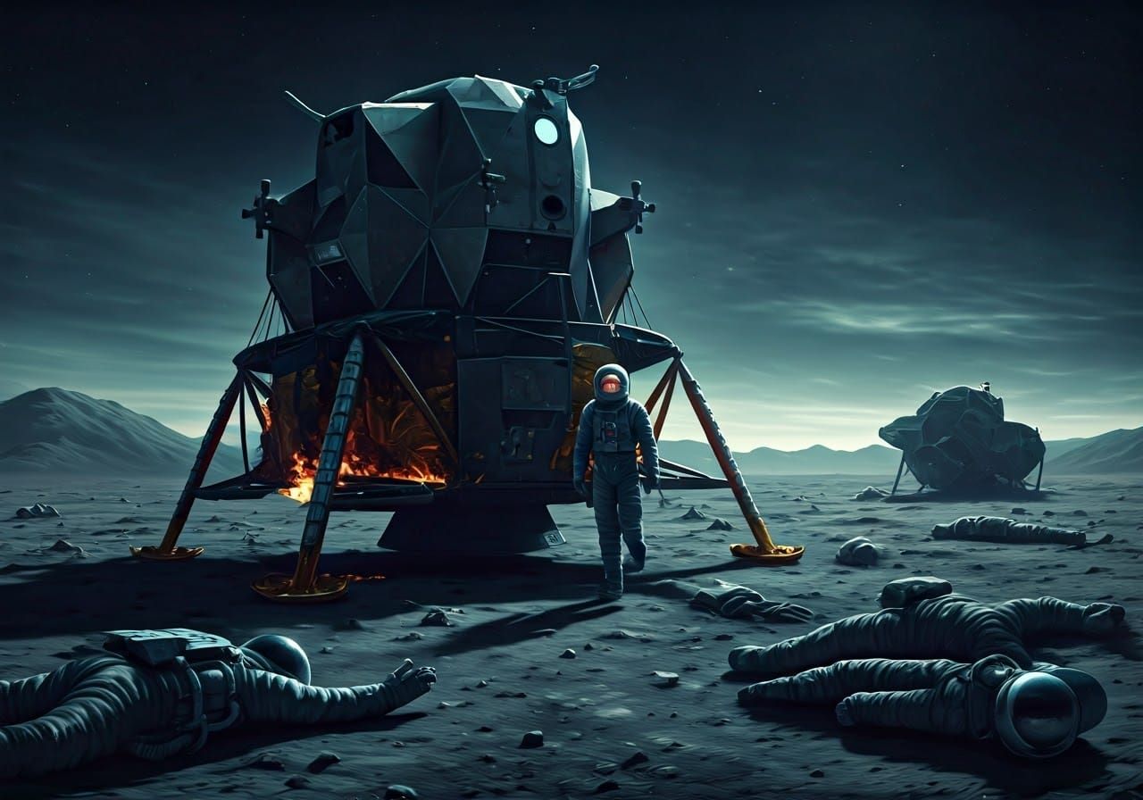 Astronauts Descend onto Desolate Lunar Landscape