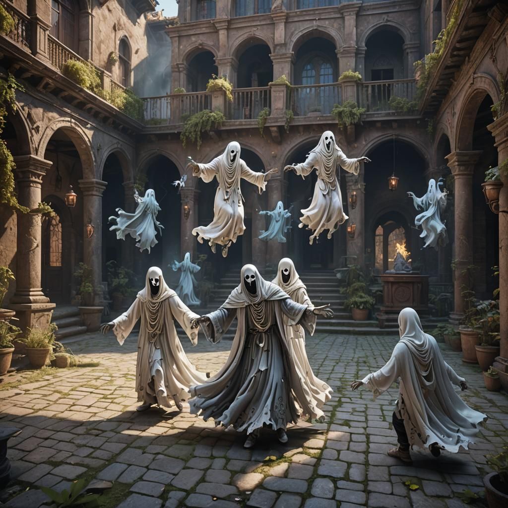 Ghosts Dancing in Courtyard: Detailed Matte Painting