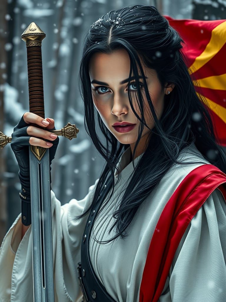 Medieval Warrior Woman with Flag in Winter Forest
