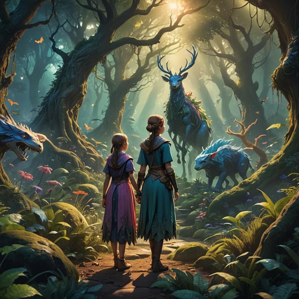 Emma and Mother in Mystical Forest: Fantasy Art