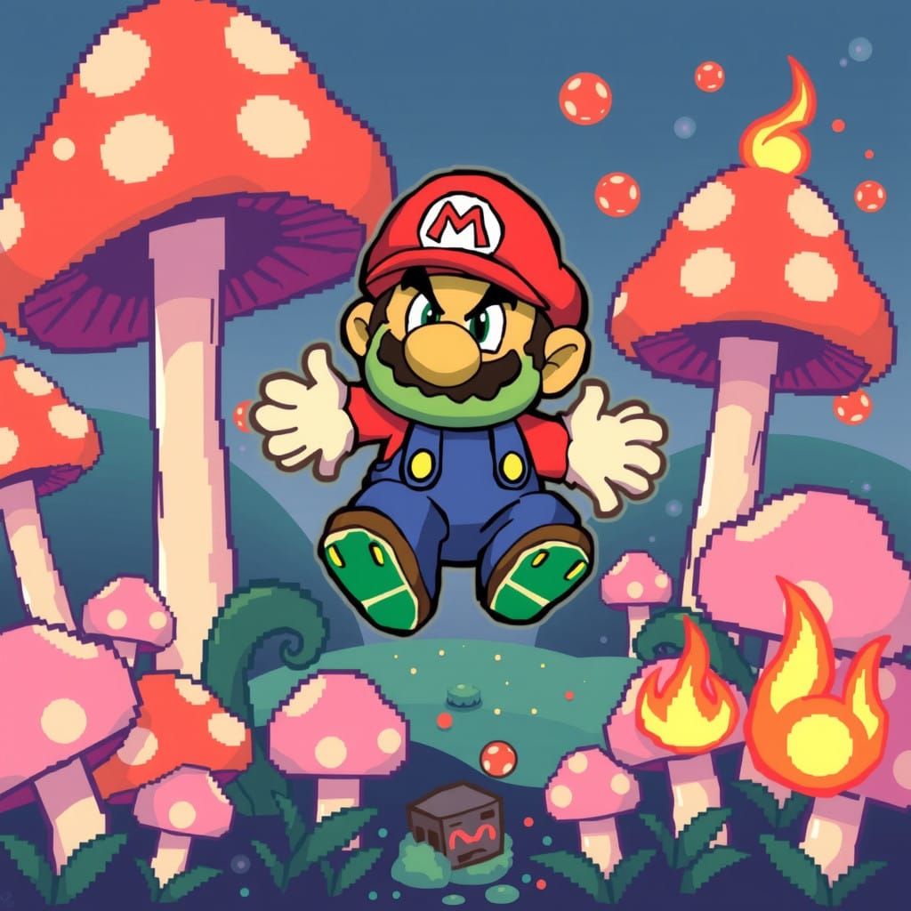 8bit Super Mario Plumber Jumps Through Mushroom Land