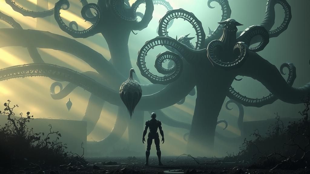 Ominous Cyborg in Alien Landscape