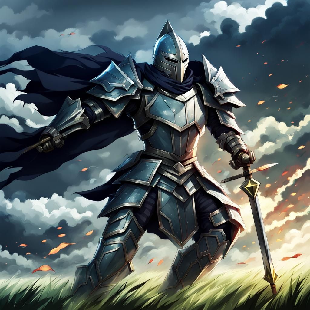 Armored Knight in Windy Battle, Anime Style