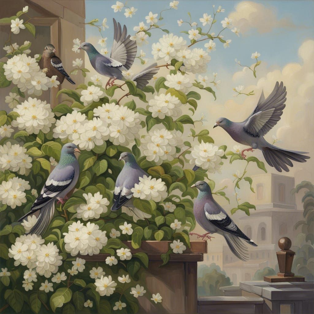Pigeons' First Flight with Jasmine Flowers
