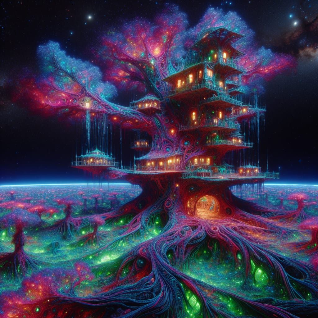 Surreal Alien Treehouse in Bioluminescent Psychedelic Dreams...