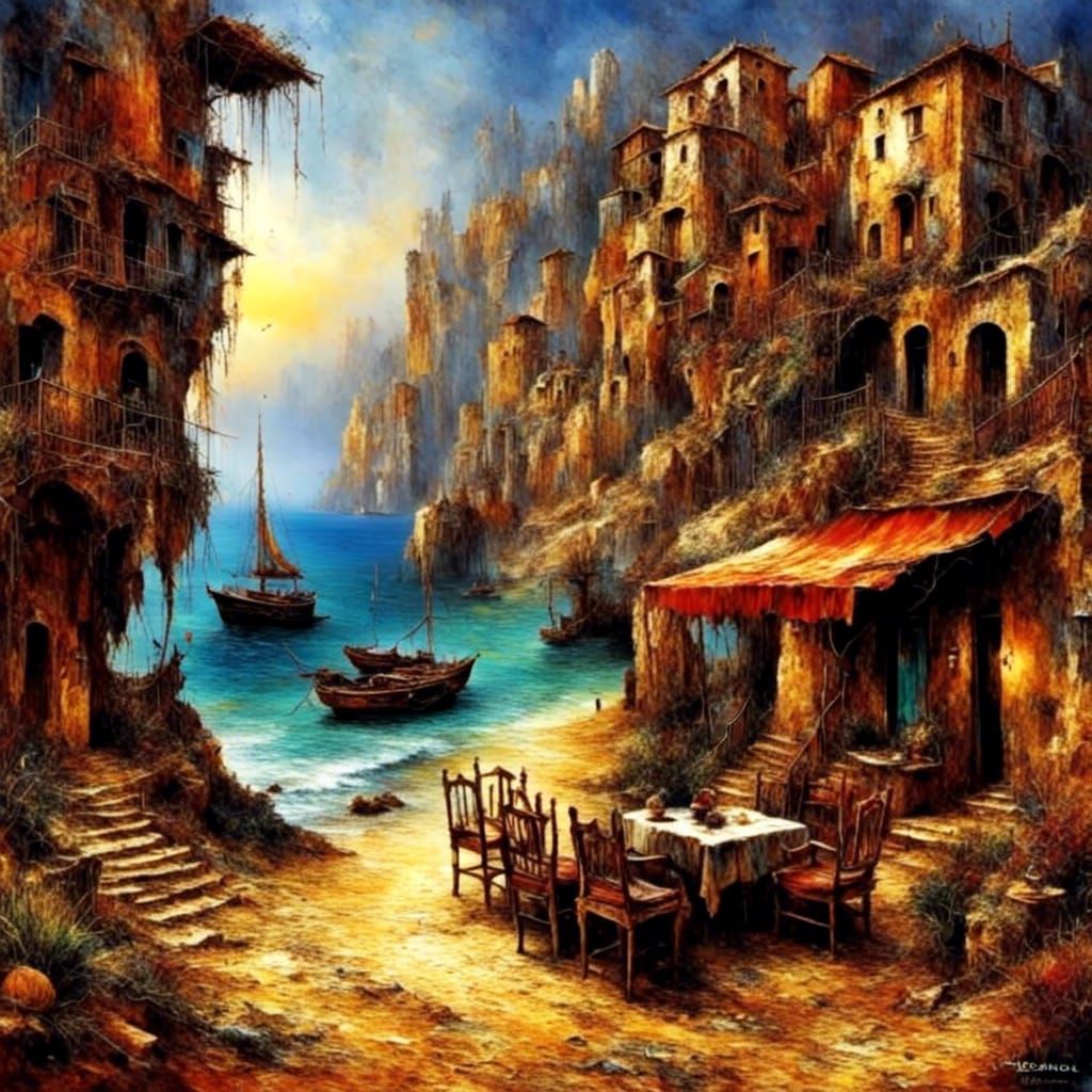 Italian Seacoast Cafe in Painterly Style