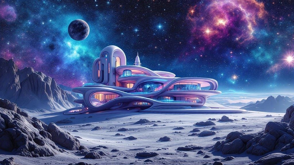 Retro-Futuristic Moon Palace in Vibrant Galactic Hues