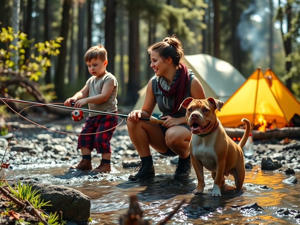 Mother Teaches Children Fishing in Forest Scene