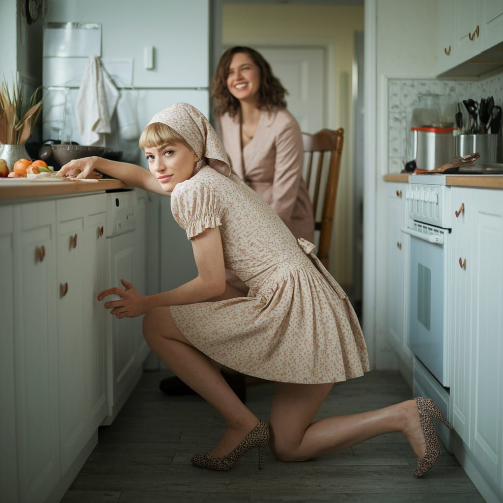 Feminine Figure in Vintage Apron Dress Cleans Kitchen Floor