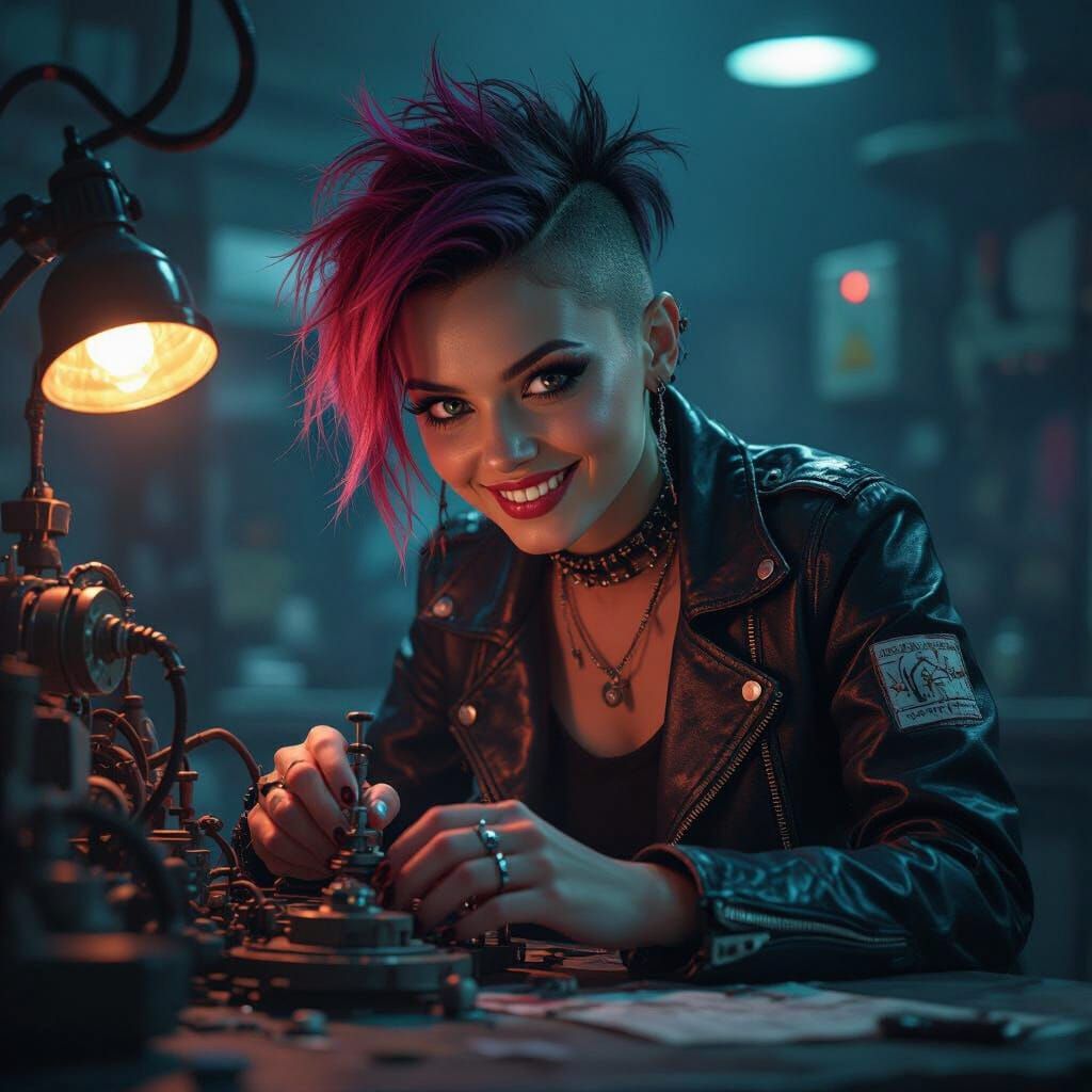 Punk Woman Tinkering in Laboratory, Dark Whimsy Style