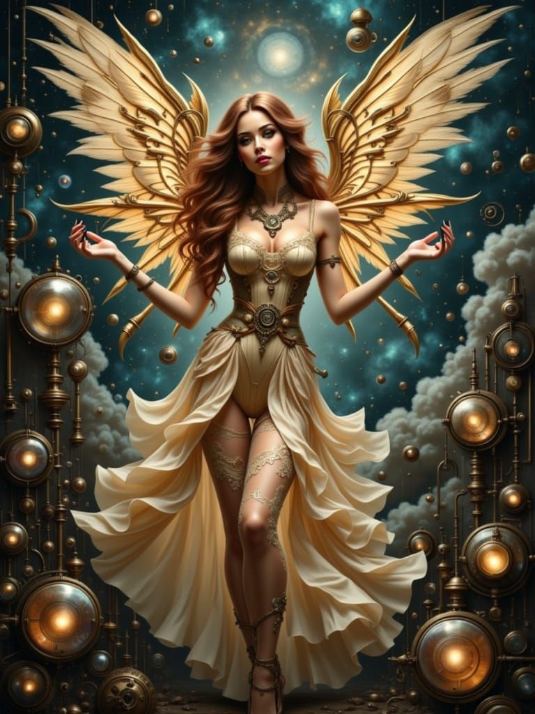 Ethereal Woman with Steampunk Wings Above Nebula
