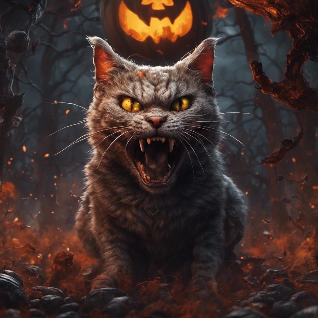 Menacing Halloween Cat Hissing: Detailed Matte Painting