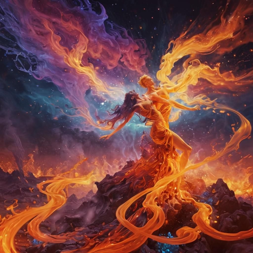 Elemental Flames Dance in Surreal Lava Landscape
