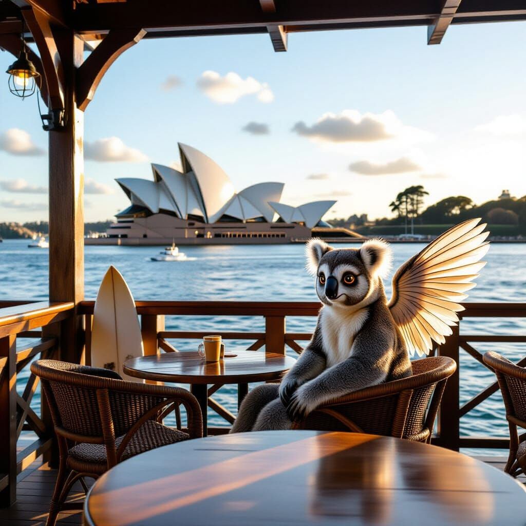Cozy Sydney Cafe with Fairy and Koala Overlooking Harbor