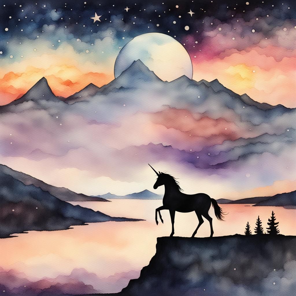 Watercolor Space Unicorn Mountain Sunset