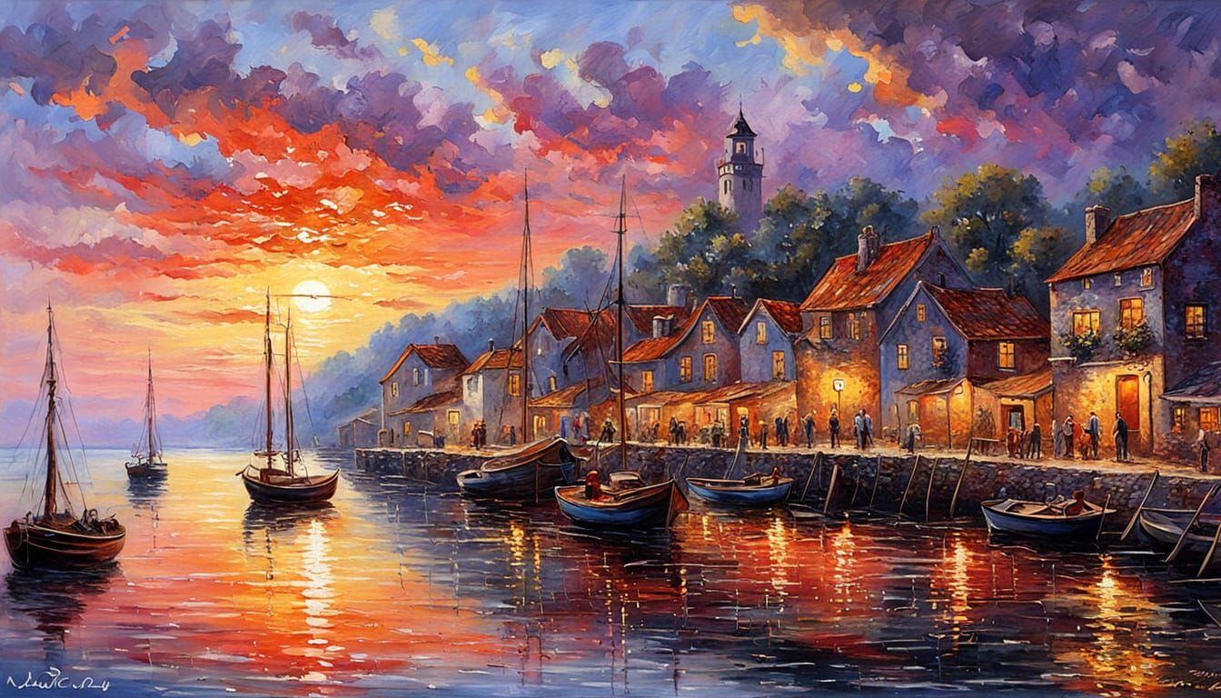 Fishing Port Sunset: Impressionistic Oil Painting