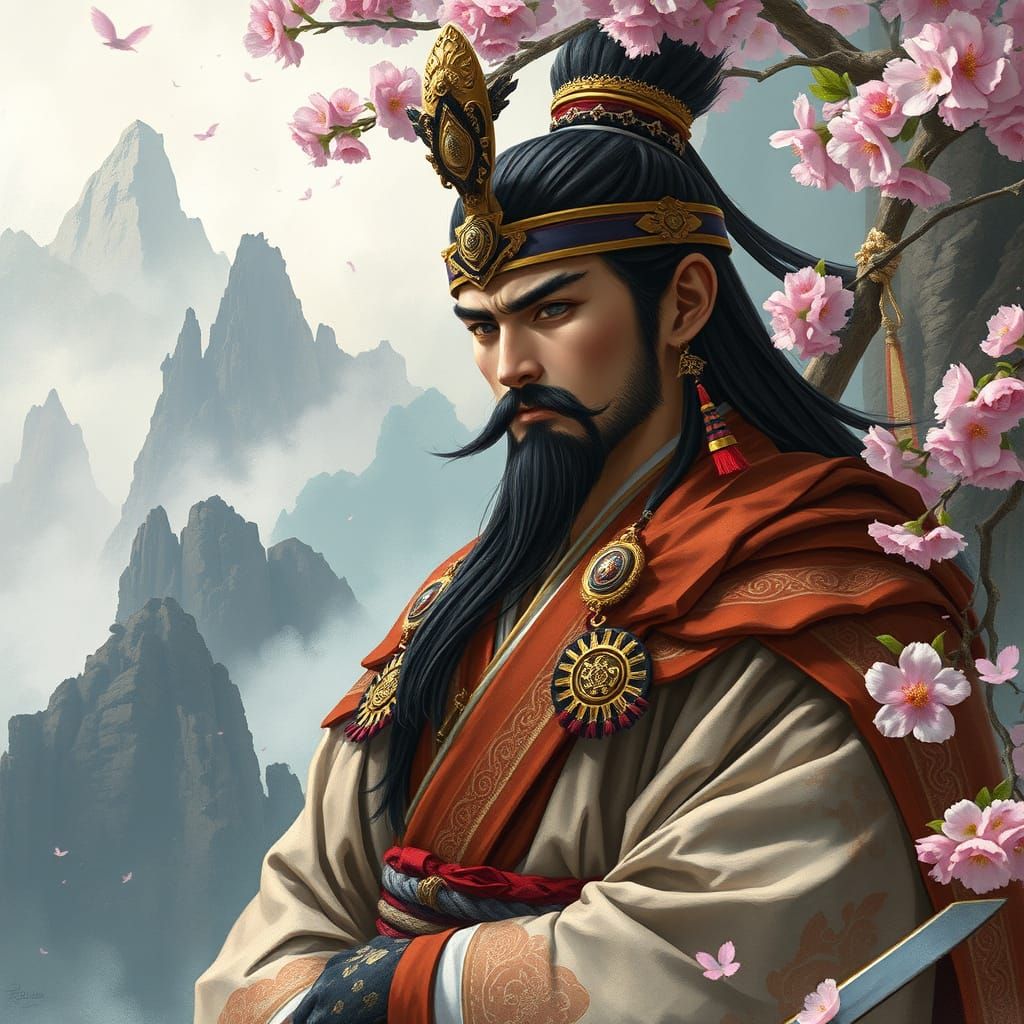 Majestic Warrior in Misty Oriental Landscape
