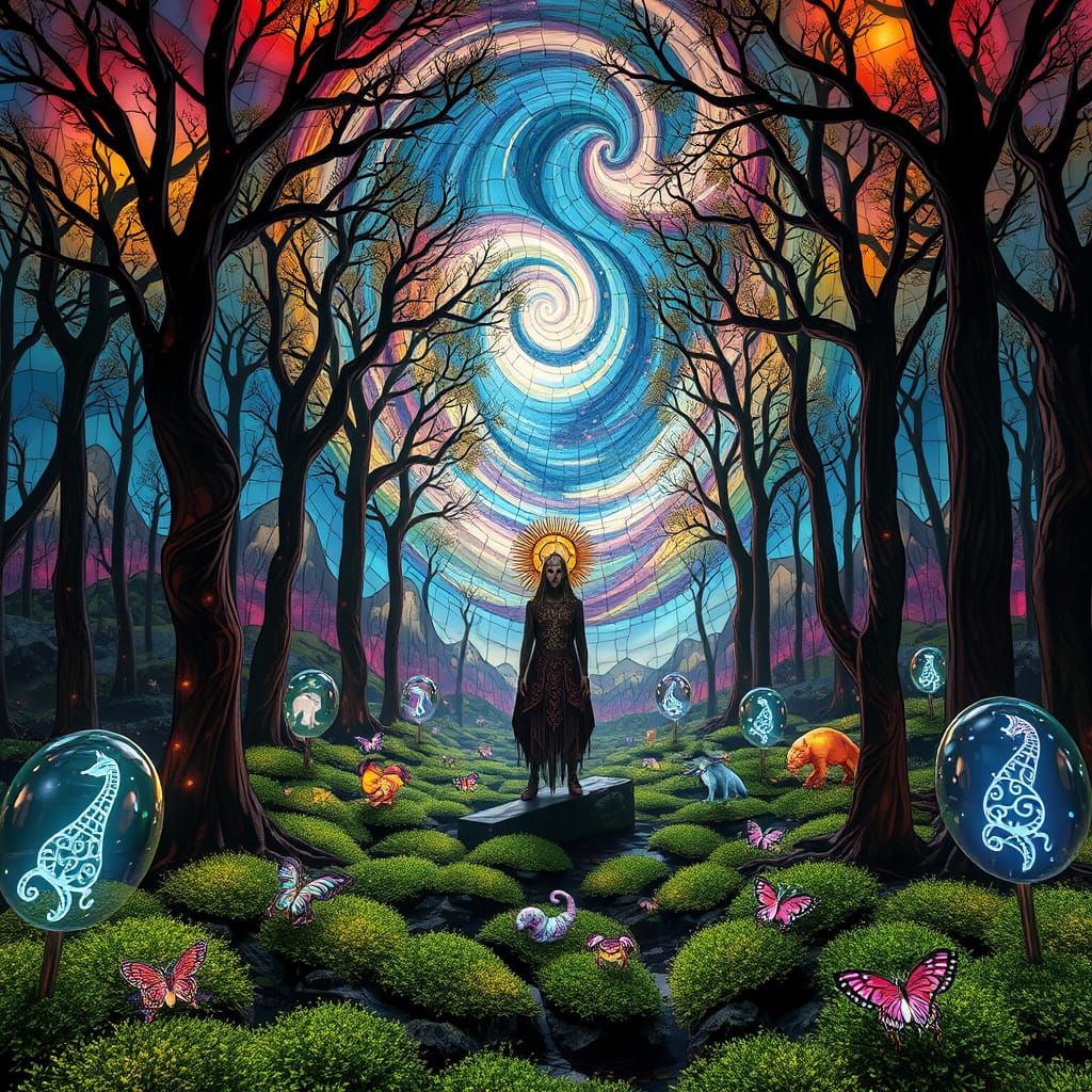 Stained Glass Forest Amidst Swirling Nebulae in Vibrant Colo...