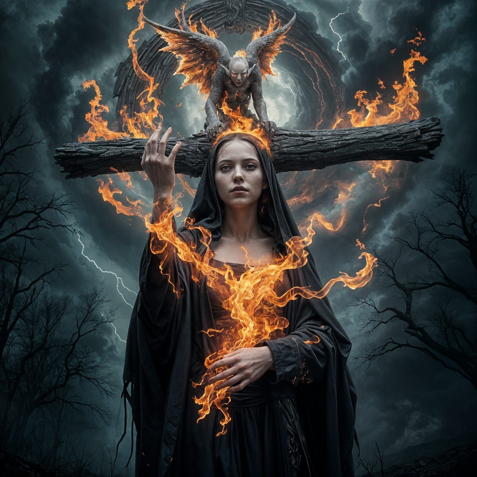 Burning Nun on Cross in Dark Woods