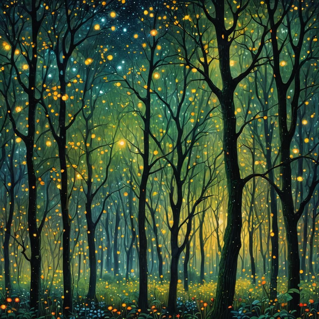 Mystical Forest Scene in Pointillism Style
