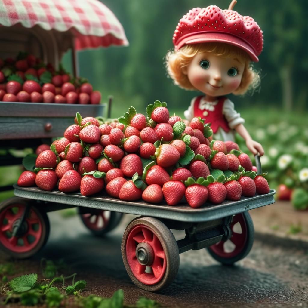Hyperrealistic Strawberry Shortcake with Wagon of Strawberri...