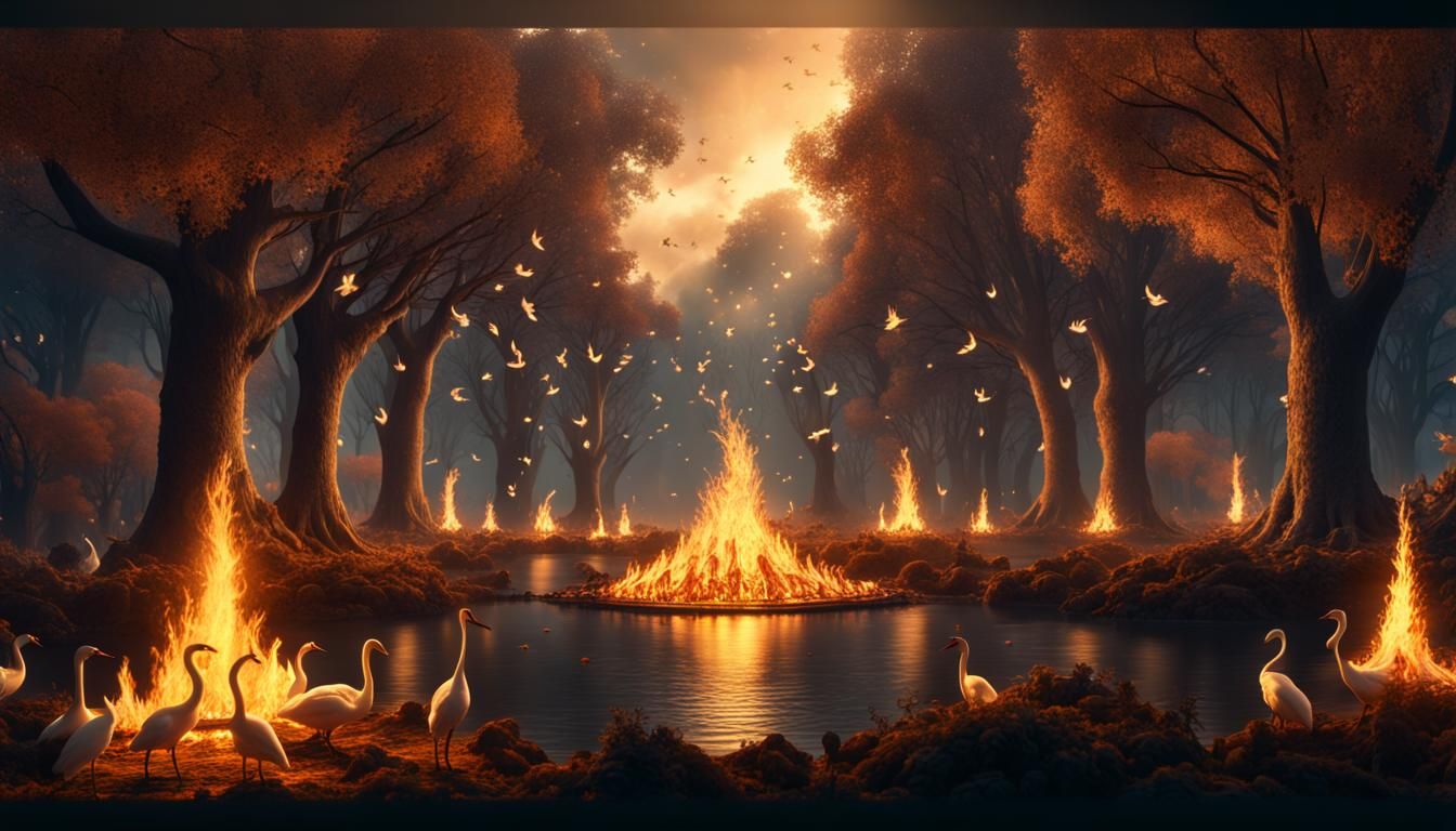 Golden Swans Circle Dark Grove, Fantasy Concept Art