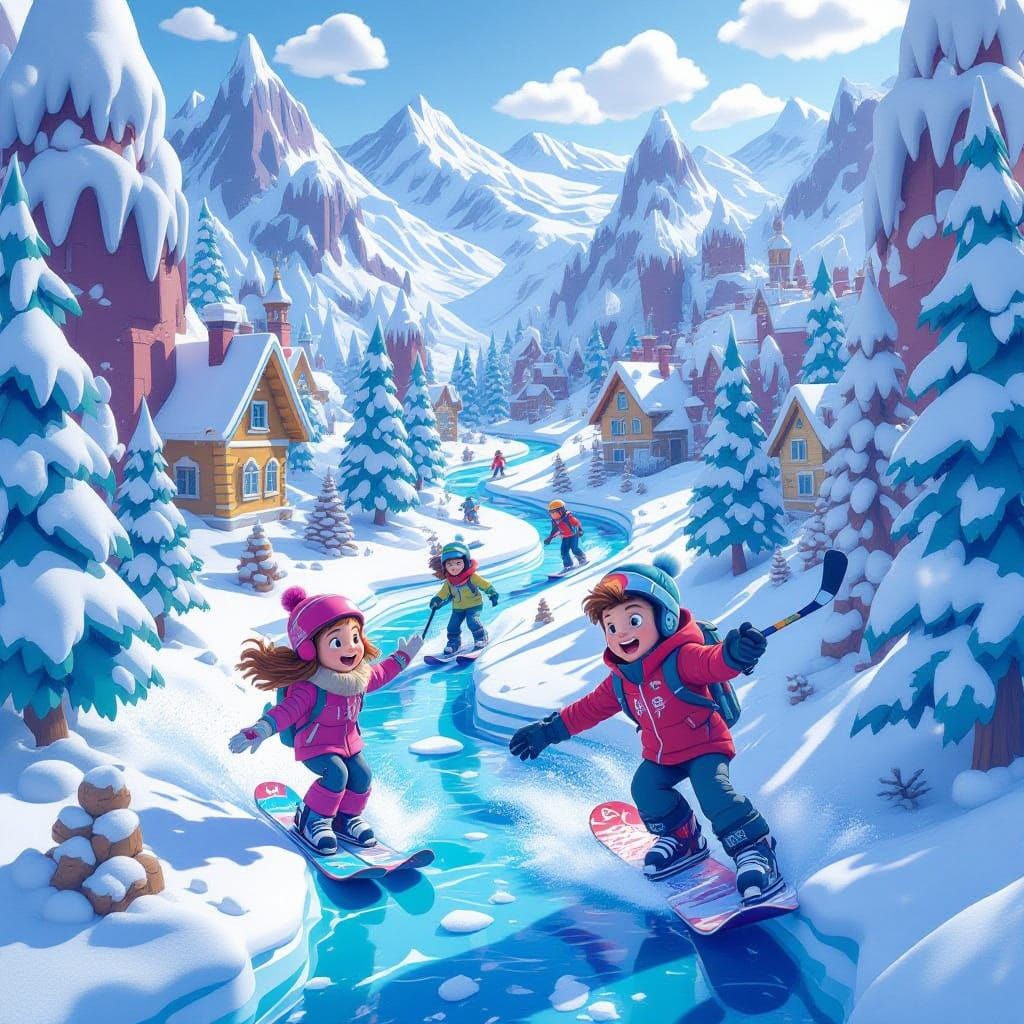 Kids Snowboarding in Whimsical Fantasy Hockey World
