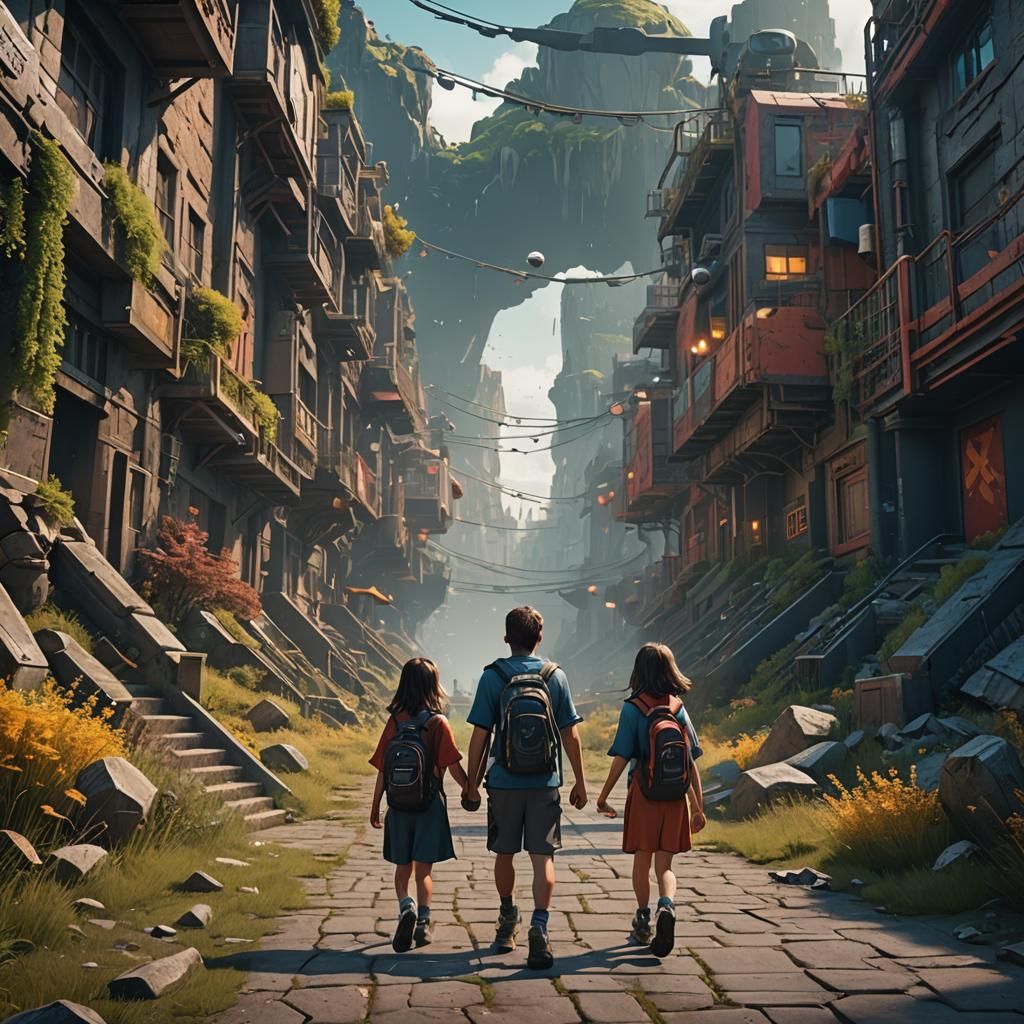 Children Walking to Football Field: Fantasy Concept Art