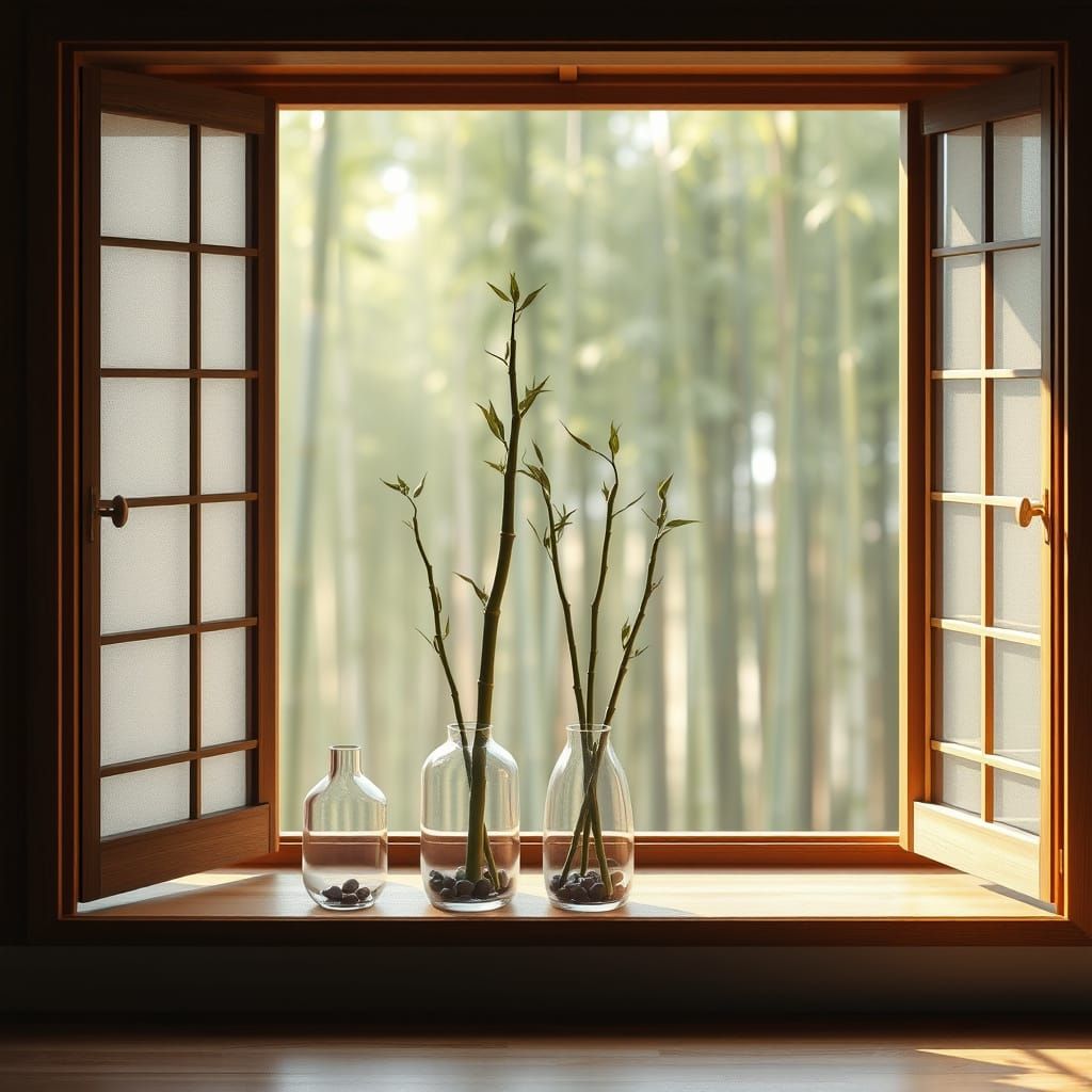 Serene Japanese Window with Bamboo in Tranquil Setting