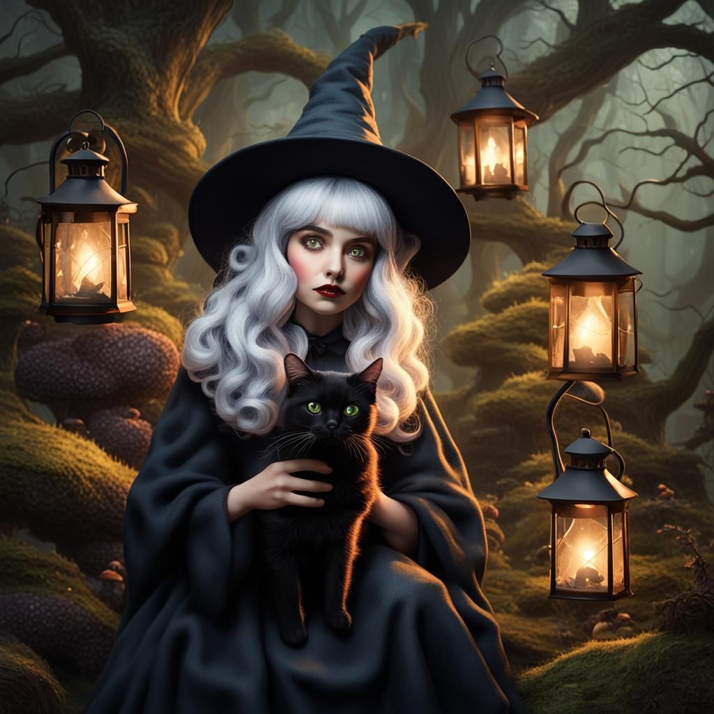 Enchanted Forest Witch with Black Cat