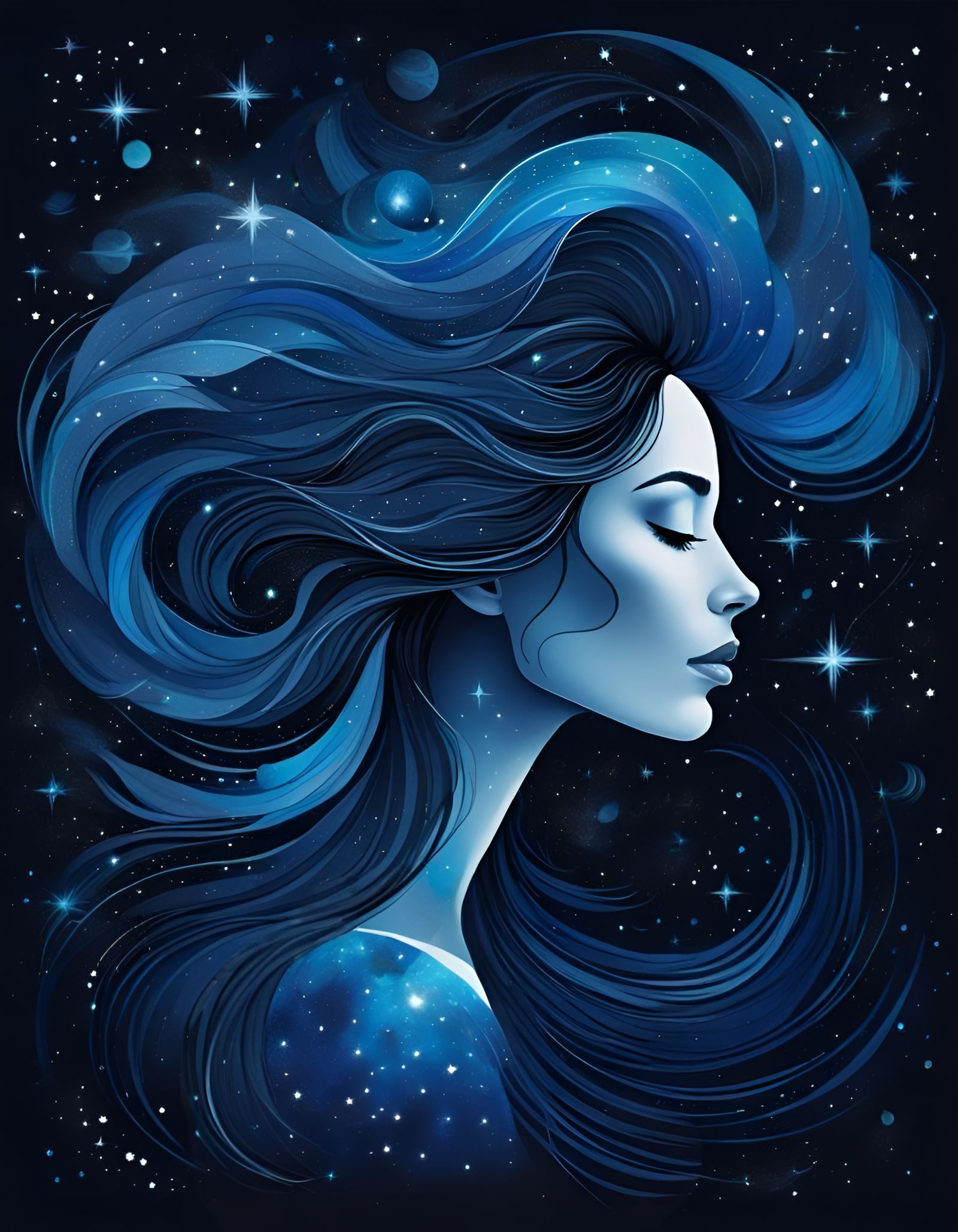 Cosmic Woman: Celestial Profile in Starry Nightscape