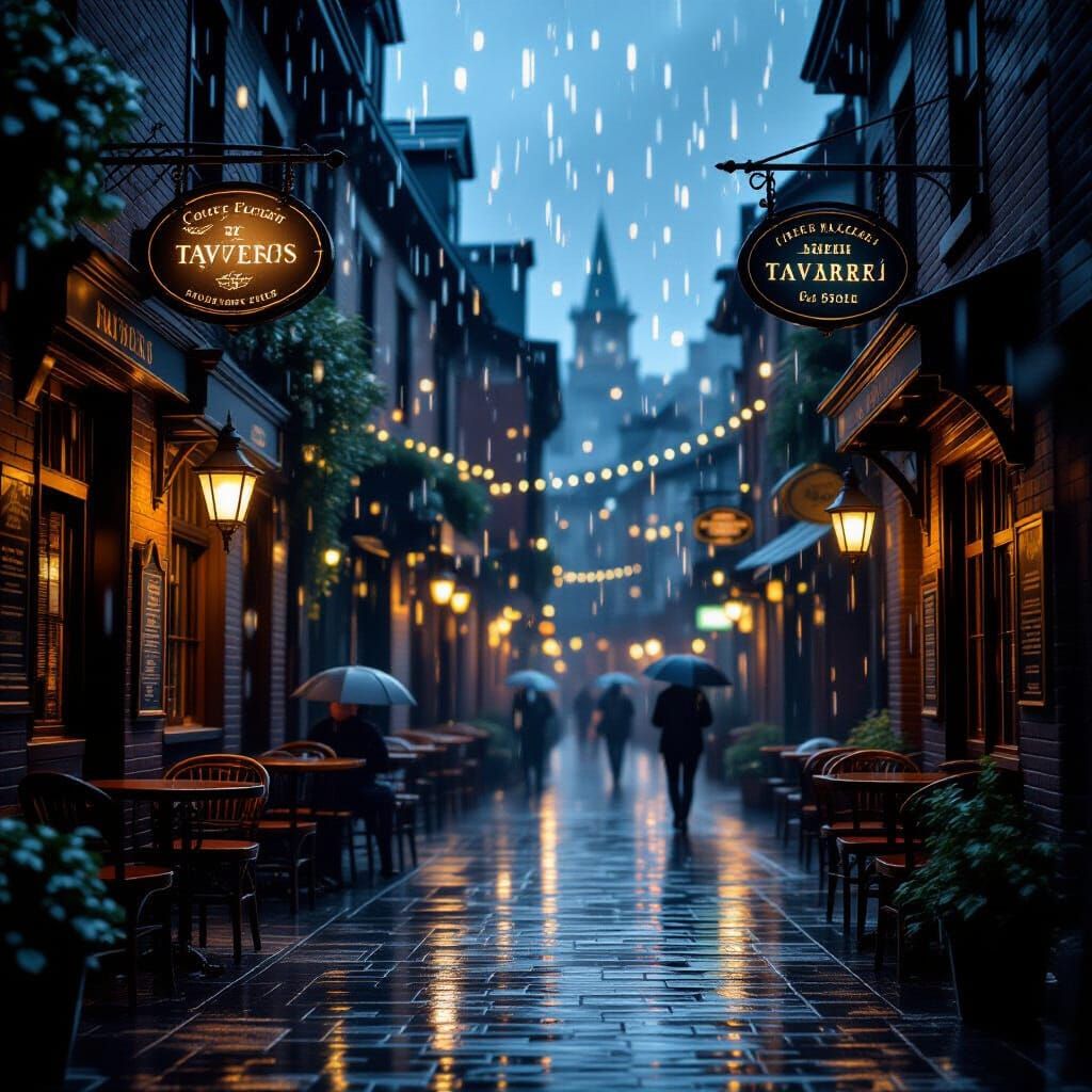 Rainy Alley with Lanterns and Happy People