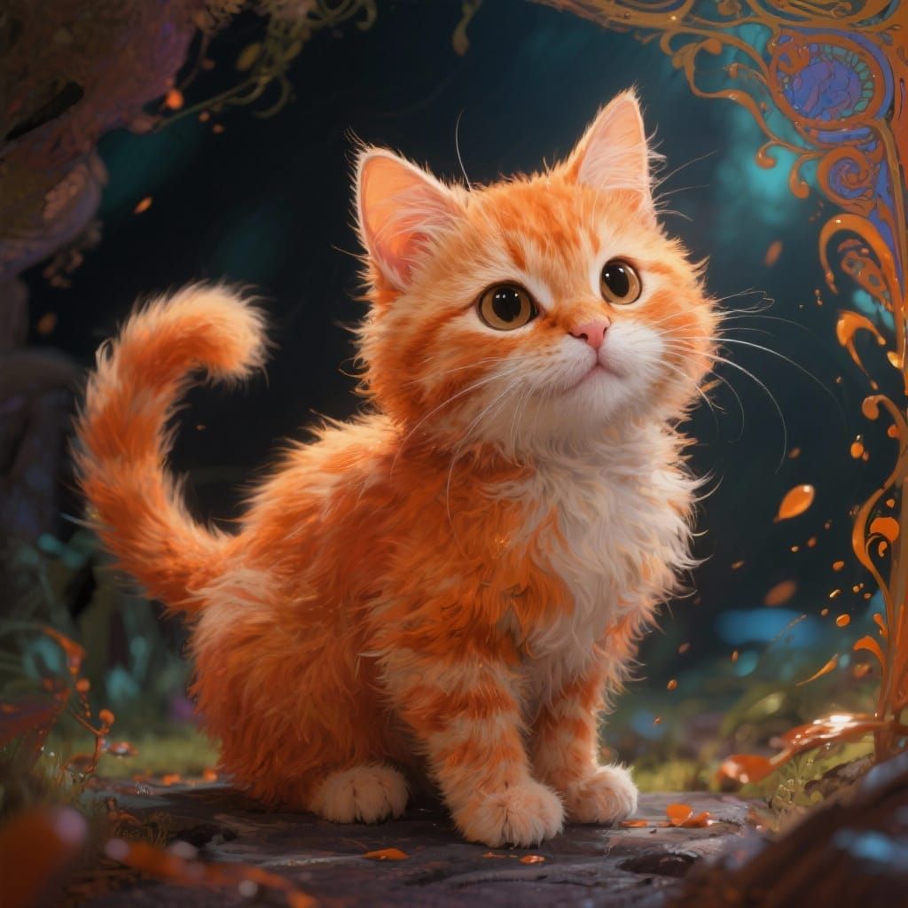 Spunky Orange Bobtail Cat Portrait in Whimsical Style