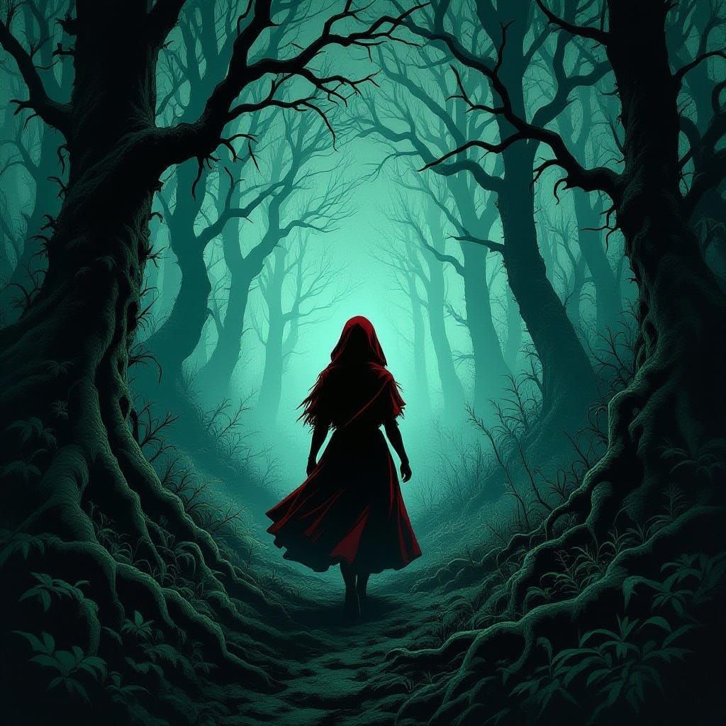 Chilling Little Red Riding Hood in Dark Forest