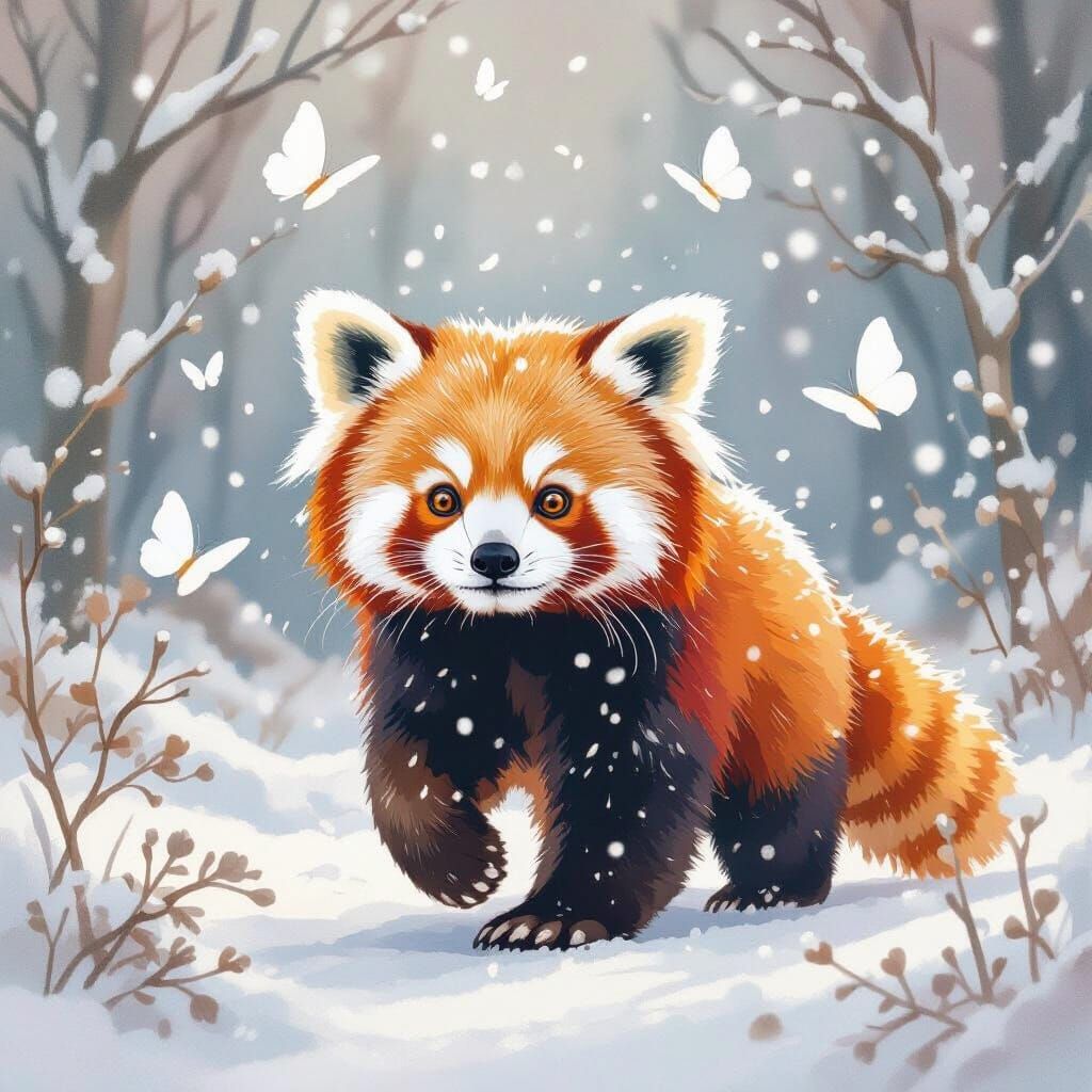 Red Panda in Snowy Wonderland with White Butterflies