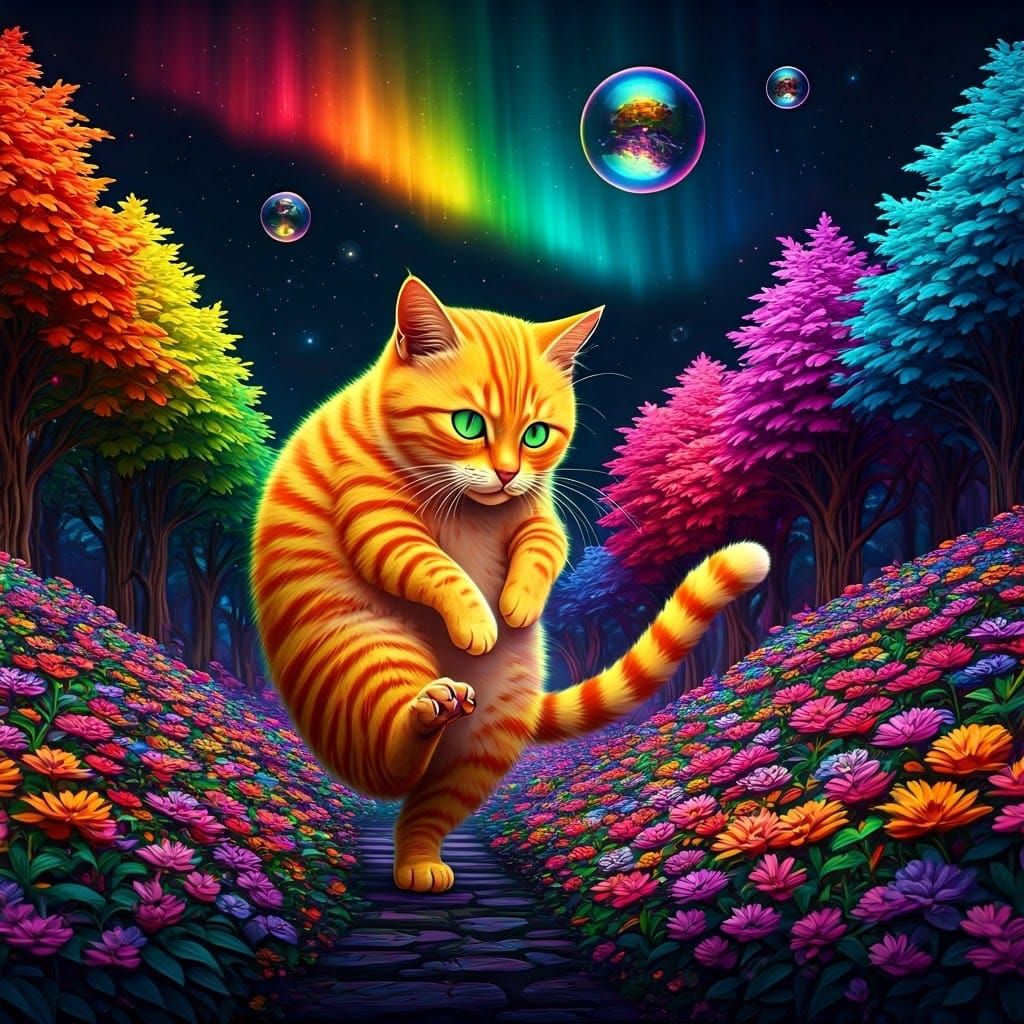 Psychedelic Cat Creature in Bioluminescent Garden