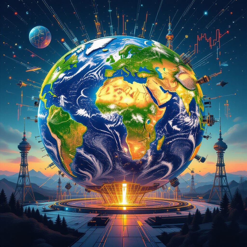 Earth Cutaway View with Metallic Exoskeleton in Cyberpunk St...