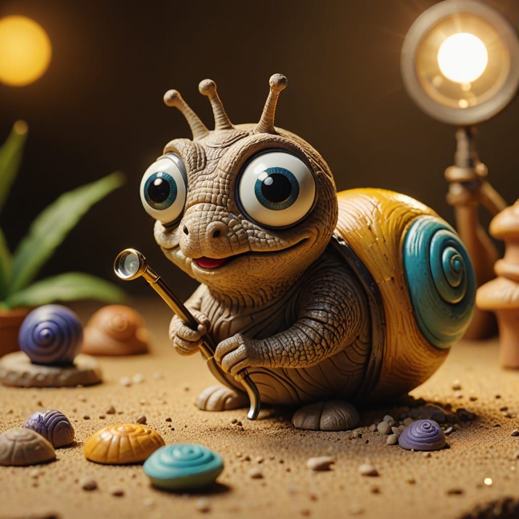 Curious Snail Inspecting with Magnifying Glass in Claymation