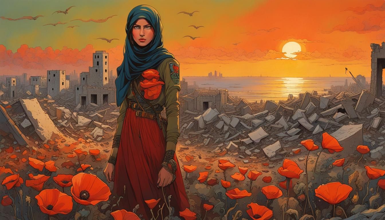 Resilient Girl Among Ruins with Poppies