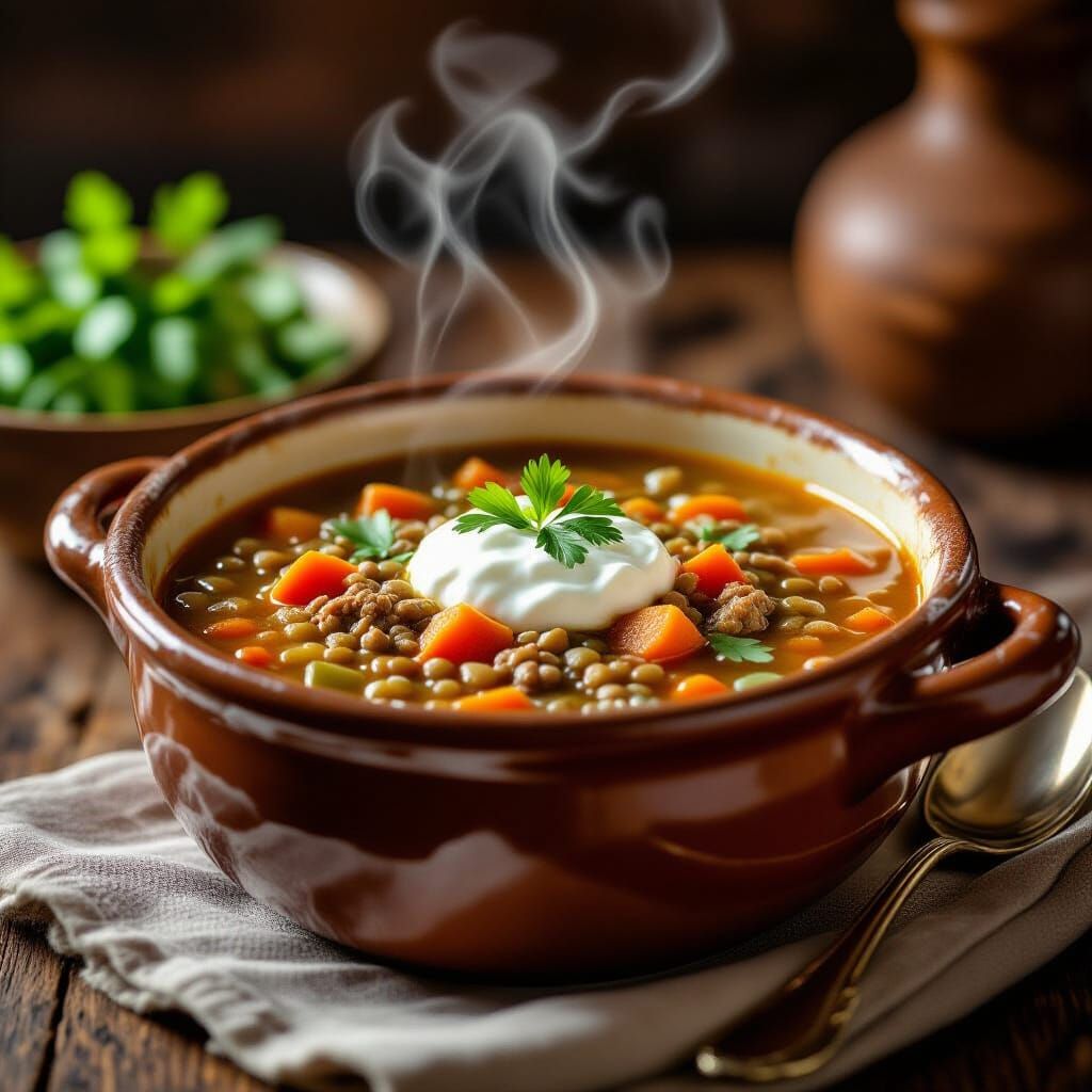 Hearty Lentil and Minced Meat Soup in Rustic Bowl