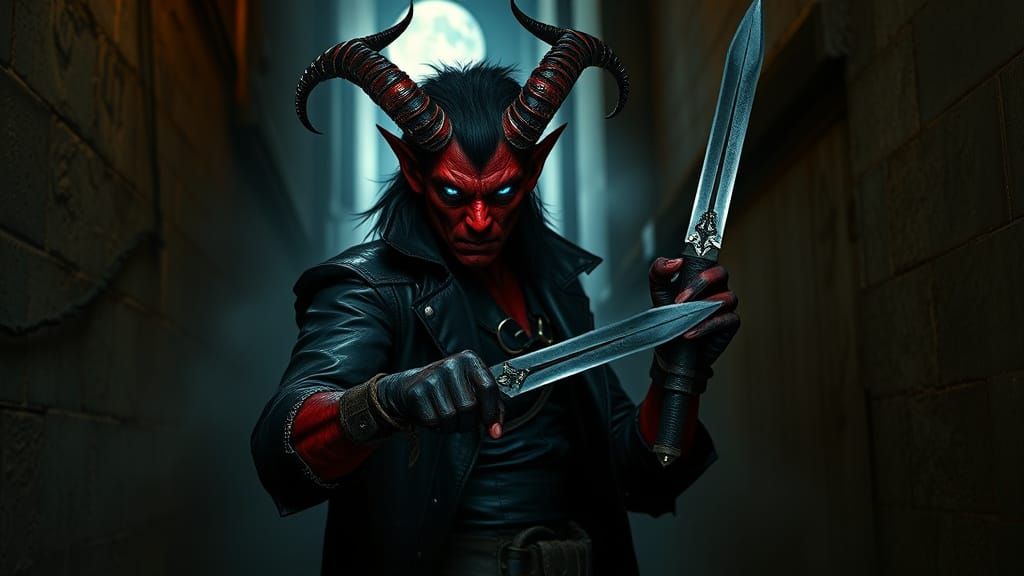 Infernal Tiefling Rogue Stands at Nightfall
