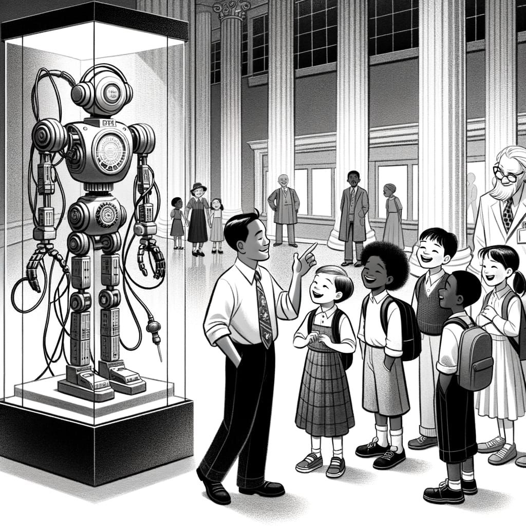 Children's Book Style Museum Scene in Black and White