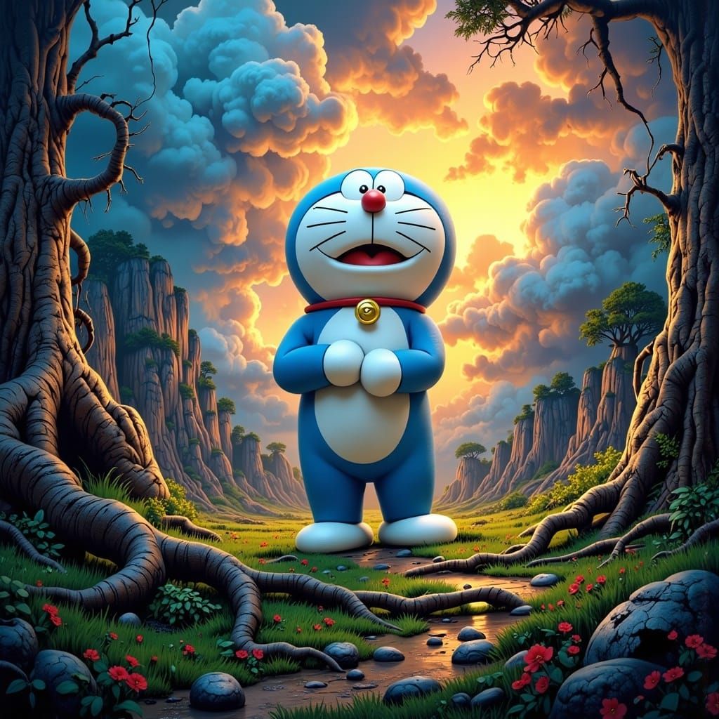 Doraemon in Dreamlike Sci-Fi Landscape, Digital Matte Painti...