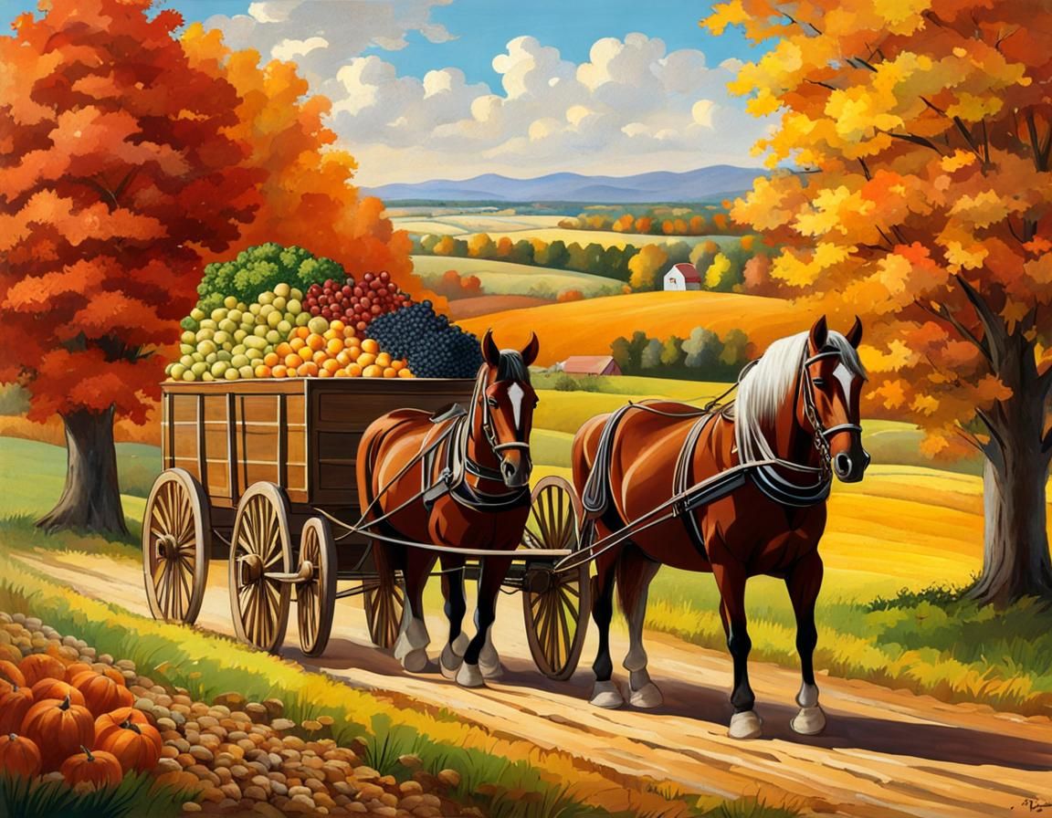 Autumn Harvest: Horse-Drawn Wagon in Rural Scene