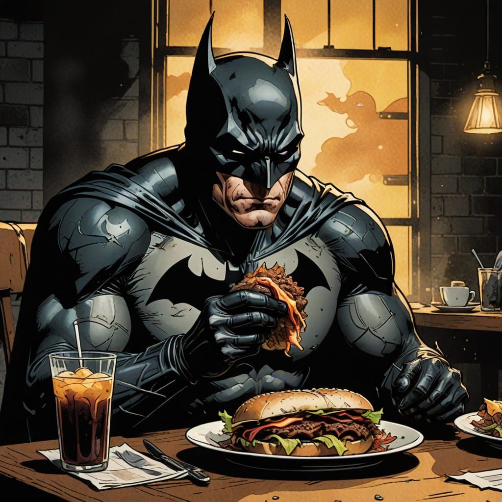 Noir Comic: Batman Enjoys Pulled Pork Sandwich
