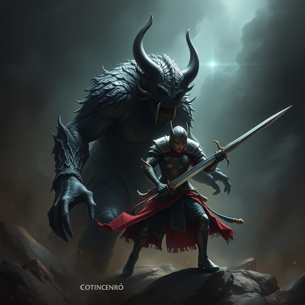 Orc vs Warrior in Dark Fantasy Landscape