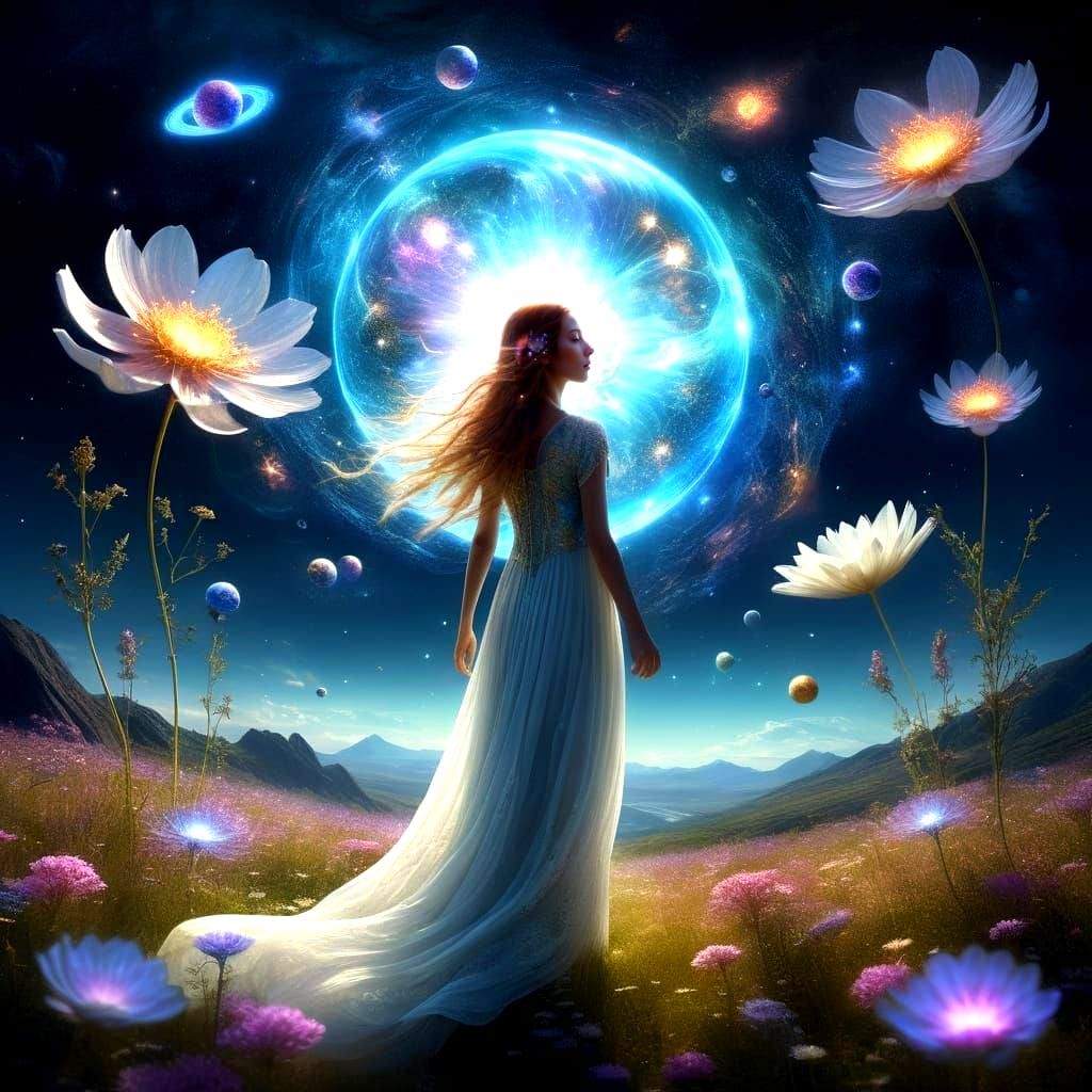 Ethereal Woman in Celestial Flower Meadow