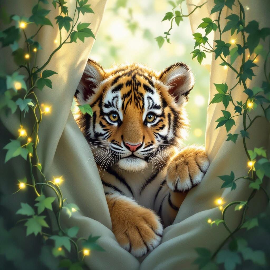 A playful tiger cub peeking out from behind a curtain of glo...