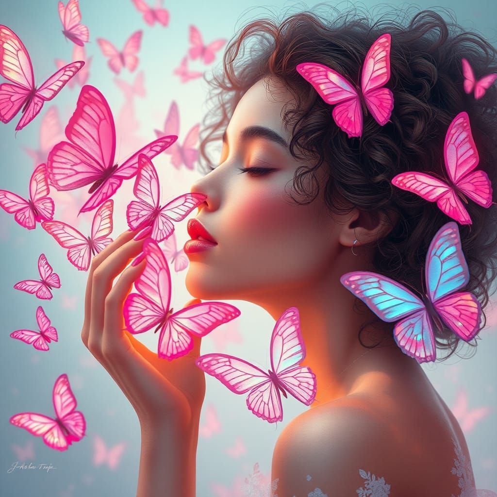 Woman Kissing Butterflies in Ethereal Digital Art