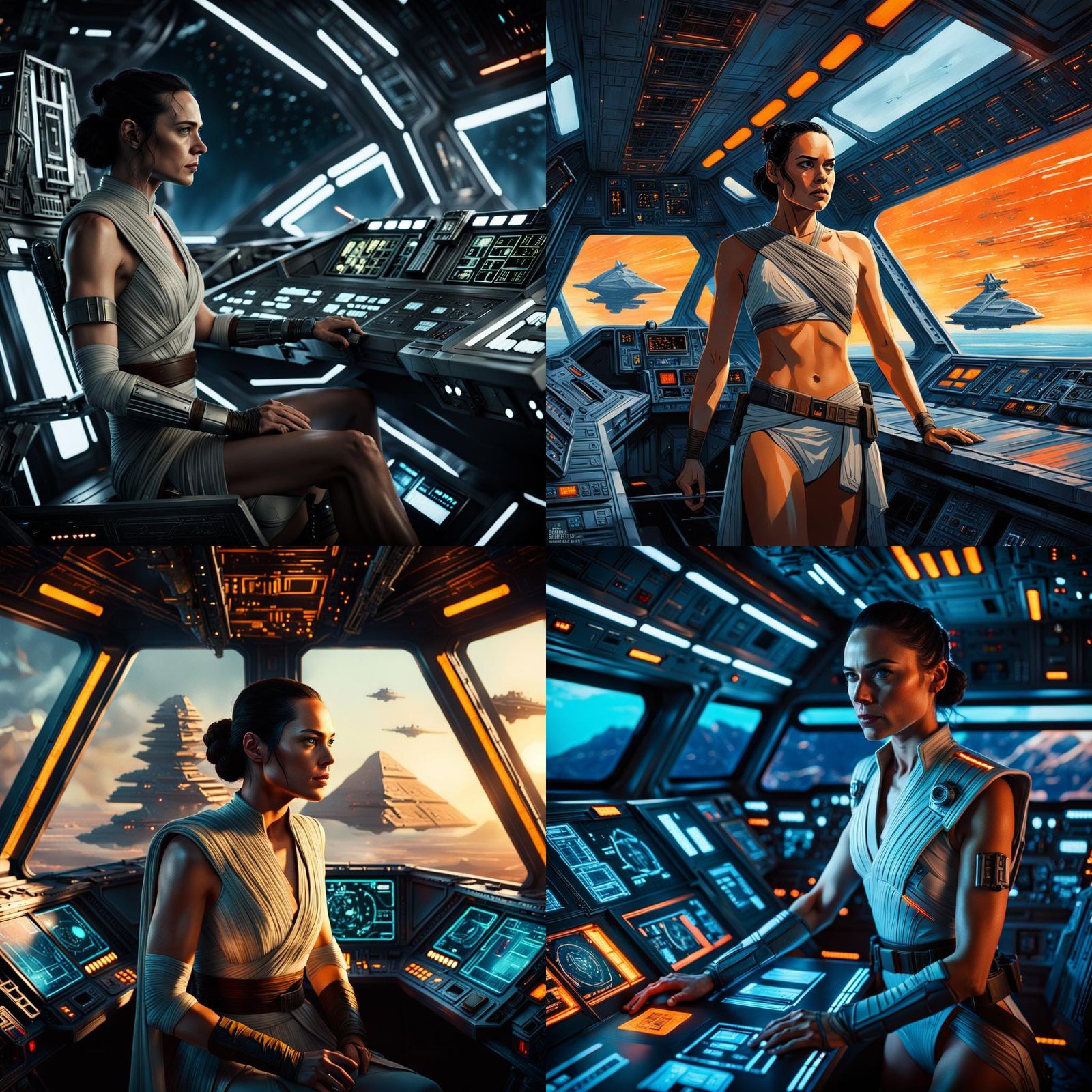 star destroyer Bridge piloted by Rey Skywalker in a bikini detailed matte painting, deep color, fantastical, intricate d...